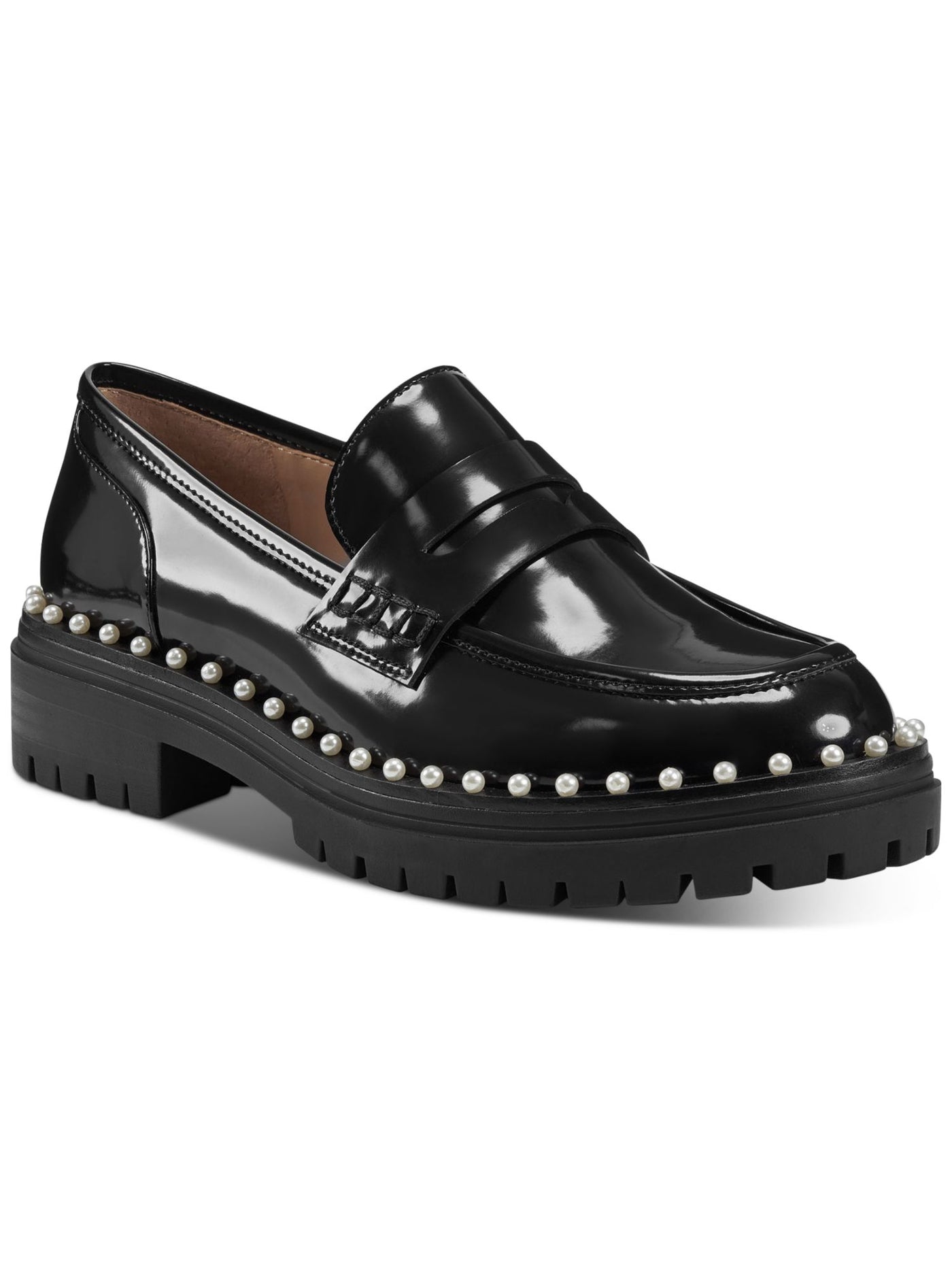 INC Womens Black Faux Pearl Embellished Penny Padded 1 Platform Slip Resistant Lug Sole Branna Round Toe Block Heel Slip On Loafers Shoes 5 M