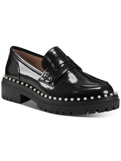 INC Womens Black Faux Pearl Embellished Penny Padded 1" Platform Slip Resistant Lug Sole Branna Round Toe Block Heel Slip On Loafers Shoes 6.5 M