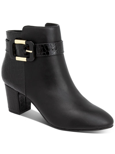 KAREN SCOTT Womens Black Mixed Media Croc Asymmetrical Buckle Accent Padded Ivyy Almond Toe Block Heel Zip-Up Booties 7 M