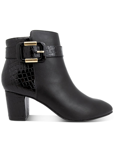 KAREN SCOTT Womens Black Mixed Media Croc Asymmetrical Buckle Accent Padded Ivyy Almond Toe Block Heel Zip-Up Booties 7 M