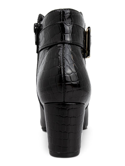 KAREN SCOTT Womens Black Mixed Media Croc Asymmetrical Buckle Accent Padded Ivyy Almond Toe Block Heel Zip-Up Booties 7 M