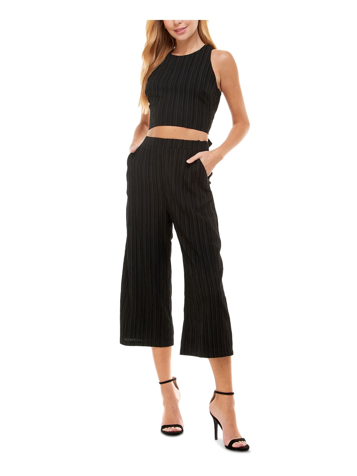 CITY STUDIO Womens Black Stretch Zippered Pocketed Cross Back Tie Back Hook And Eye Sleeveless Scoop Neck Party Crop Top Jumpsuit 7