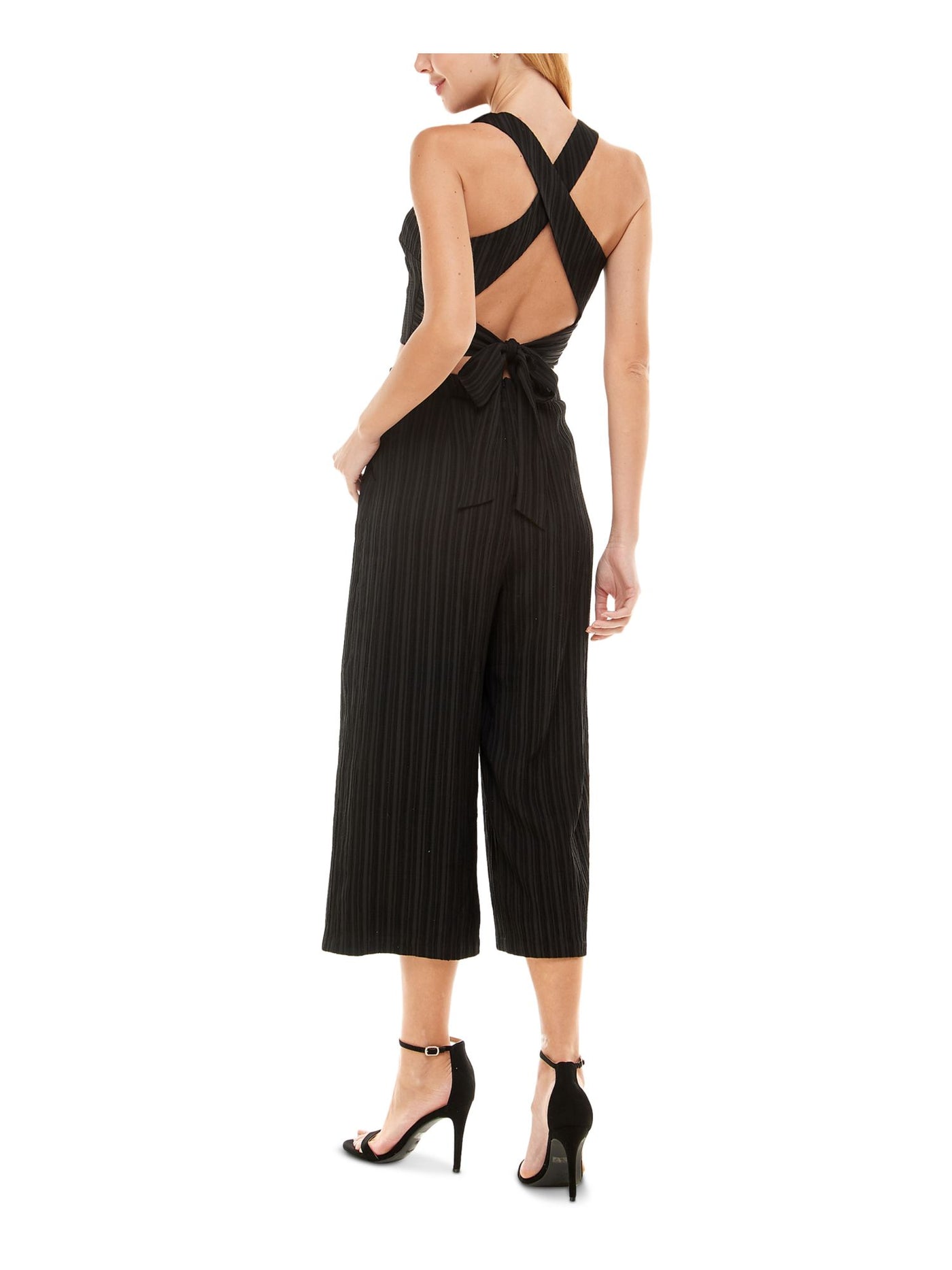 CITY STUDIO Womens Stretch Zippered Pocketed Cross Back Tie Back Hook And Eye Sleeveless Scoop Neck Party Crop Top Jumpsuit