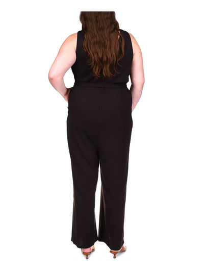 MICHAEL KORS Womens Black Cotton Blend Zippered Pocketed Self Tie Belt Sleeveless V Neck Wear To Work Jumpsuit Plus 2X