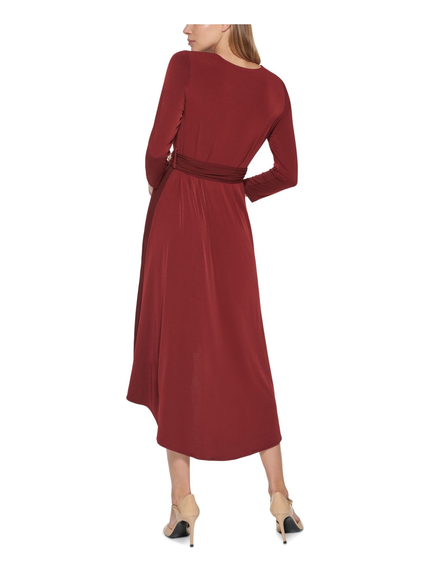 CALVIN KLEIN Womens Pleated Belted Asymmetrical Hem 3/4 Sleeve Surplice Neckline Midi Formal Wrap Dress