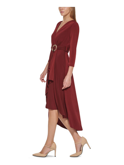 CALVIN KLEIN Womens Maroon Pleated Belted Asymmetrical Hem 3/4 Sleeve Surplice Neckline Midi Formal Wrap Dress 4