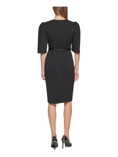 CALVIN KLEIN Womens Black Stretch Zippered Belted Darted Slitted Pouf Sleeve Surplice Neckline Knee Length Wear To Work Sheath Dress Petites 6P