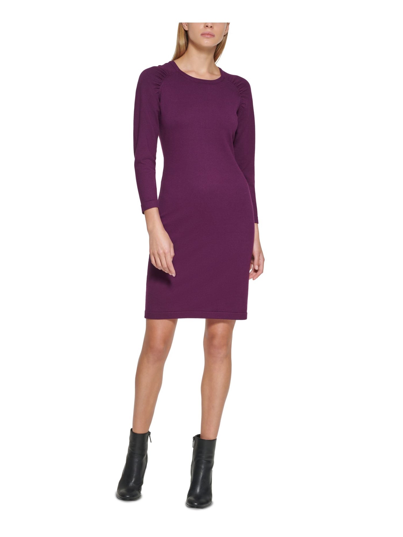 CALVIN KLEIN Womens 3/4 Sleeve Round Neck Above The Knee Party Sweater Dress