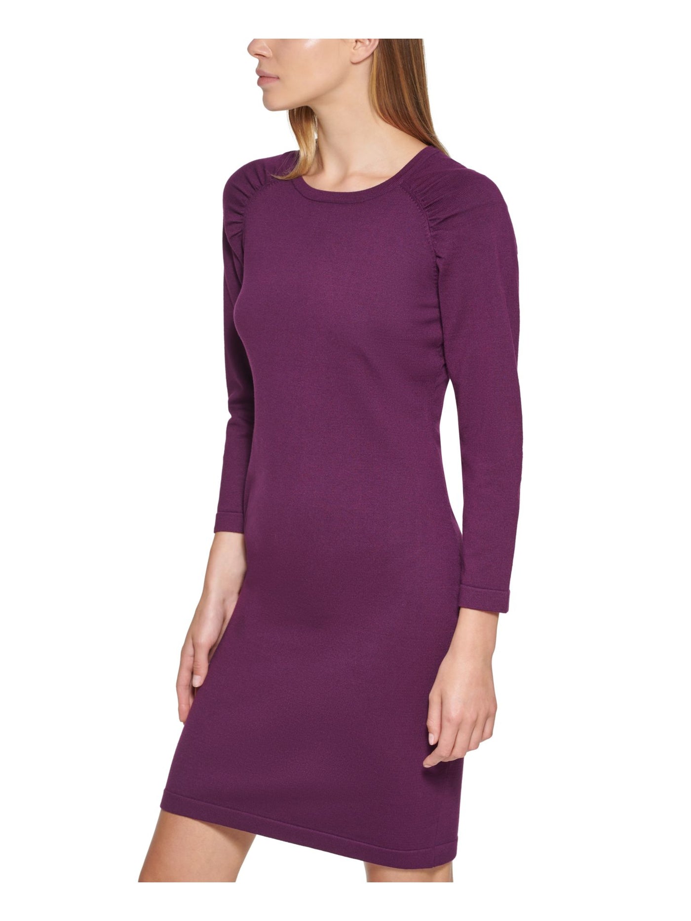 CALVIN KLEIN Womens Purple 3/4 Sleeve Round Neck Above The Knee Party Sweater Dress M