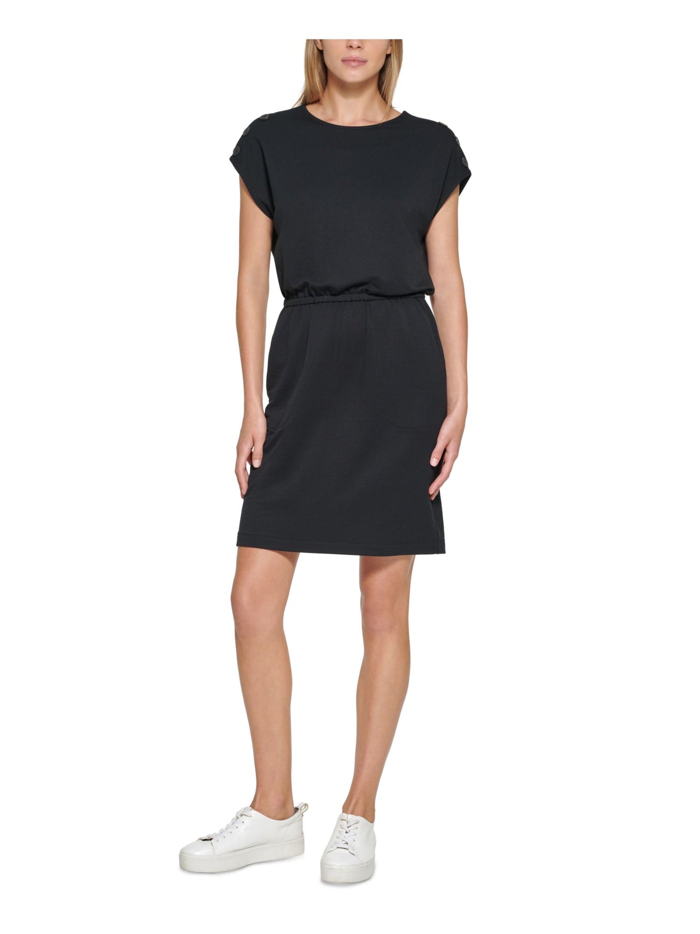 CALVIN KLEIN Womens Black Ruched Tie Pullover Styling Short Sleeve Round Neck Short Sheath Dress L