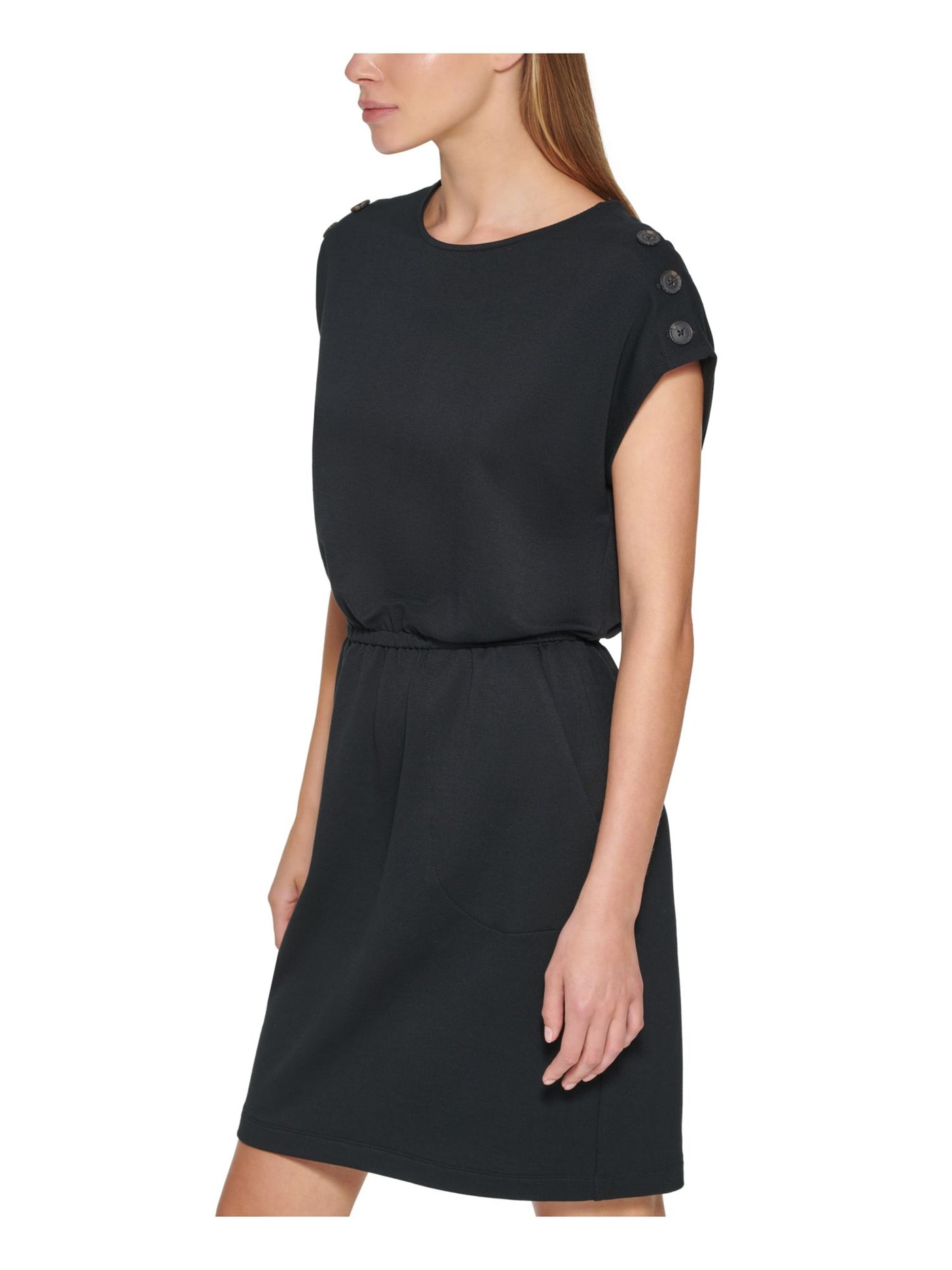 CALVIN KLEIN Womens Black Ruched Tie Pullover Styling Short Sleeve Round Neck Short Sheath Dress L