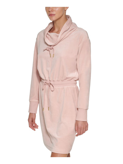 CALVIN KLEIN Womens Pink Stretch Tie Ribbed Drawstring Waist Long Sleeve Cowl Neck Short Sweatshirt Dress XL