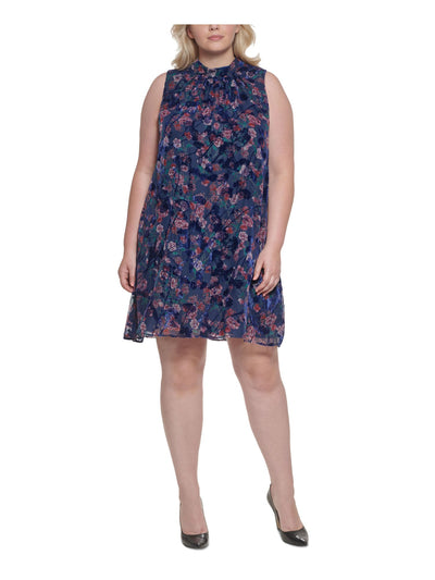 TOMMY HILFIGER Womens Navy Sheer Mixed Media Floral Sleeveless Mock Neck Above The Knee Shift Dress Plus 18W