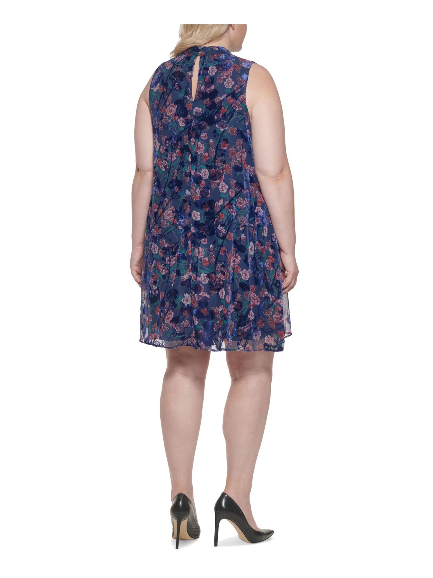 TOMMY HILFIGER Womens Navy Sheer Mixed Media Floral Sleeveless Mock Neck Above The Knee Shift Dress Plus 20W