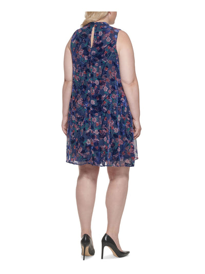 TOMMY HILFIGER Womens Navy Sheer Mixed Media Floral Sleeveless Mock Neck Above The Knee Shift Dress Plus 22W