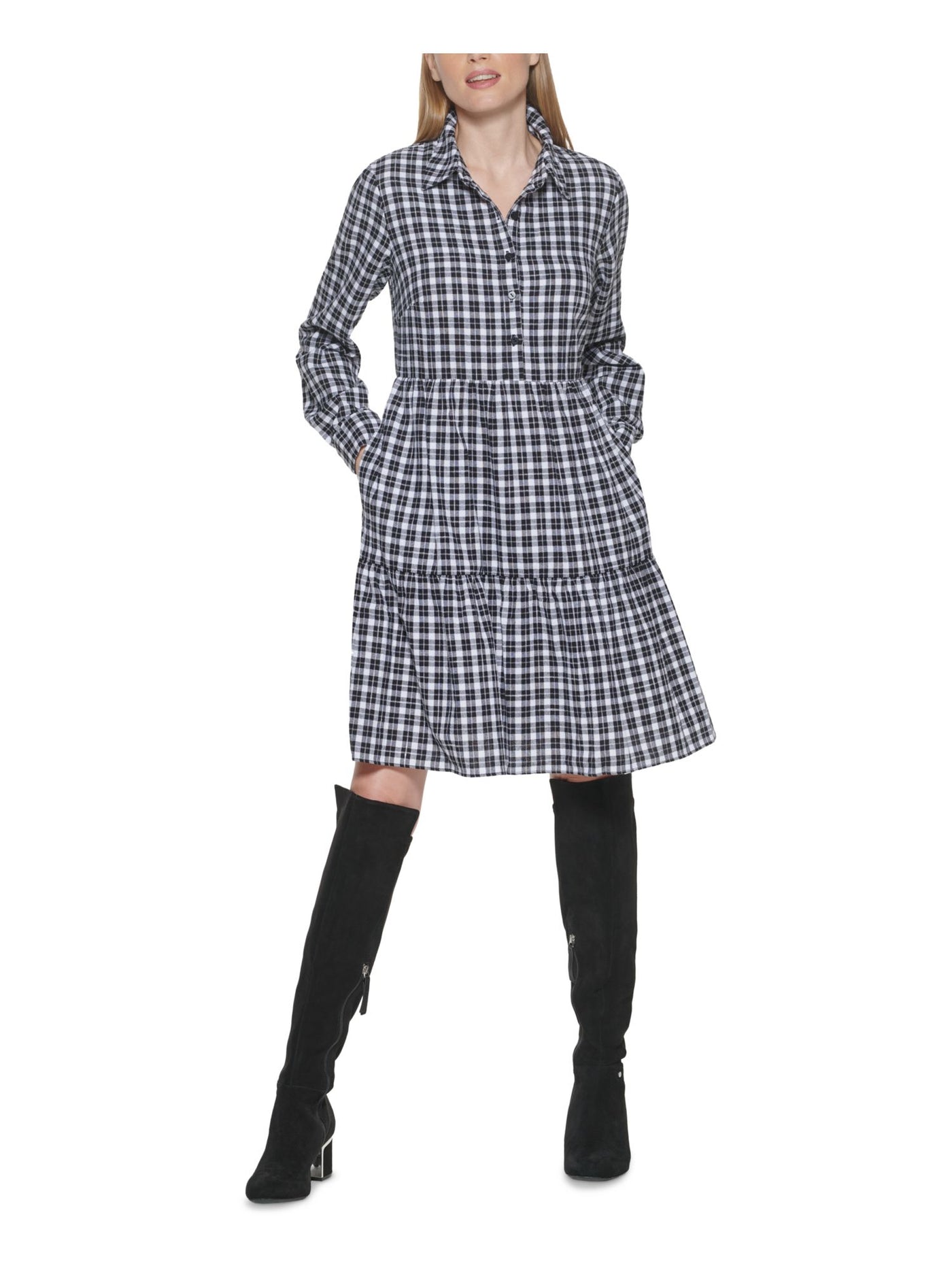 JESSICA HOWARD Womens Woven Pocketed Buttoned Tiered Cuffed Sleeve Point Collar Above The Knee Shirt Dress