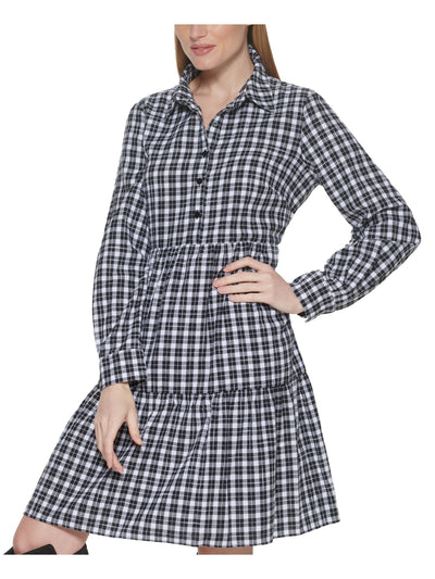 JESSICA HOWARD Womens Woven Pocketed Buttoned Tiered Cuffed Sleeve Point Collar Above The Knee Shirt Dress