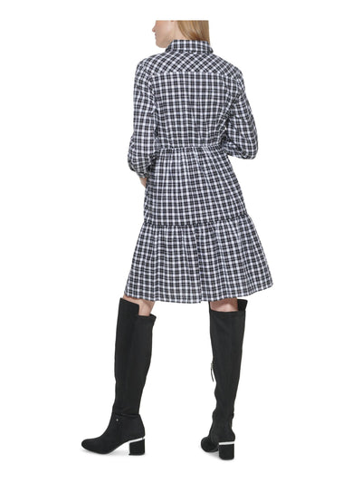 JESSICA HOWARD Womens Woven Pocketed Buttoned Tiered Cuffed Sleeve Point Collar Above The Knee Shirt Dress