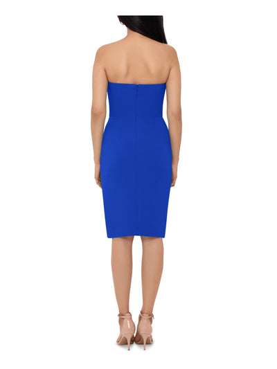 BETSY & ADAM Womens Blue Zippered Darted Side-ruffle Slitted Lined Sleeveless Strapless Knee Length Party Sheath Dress 8