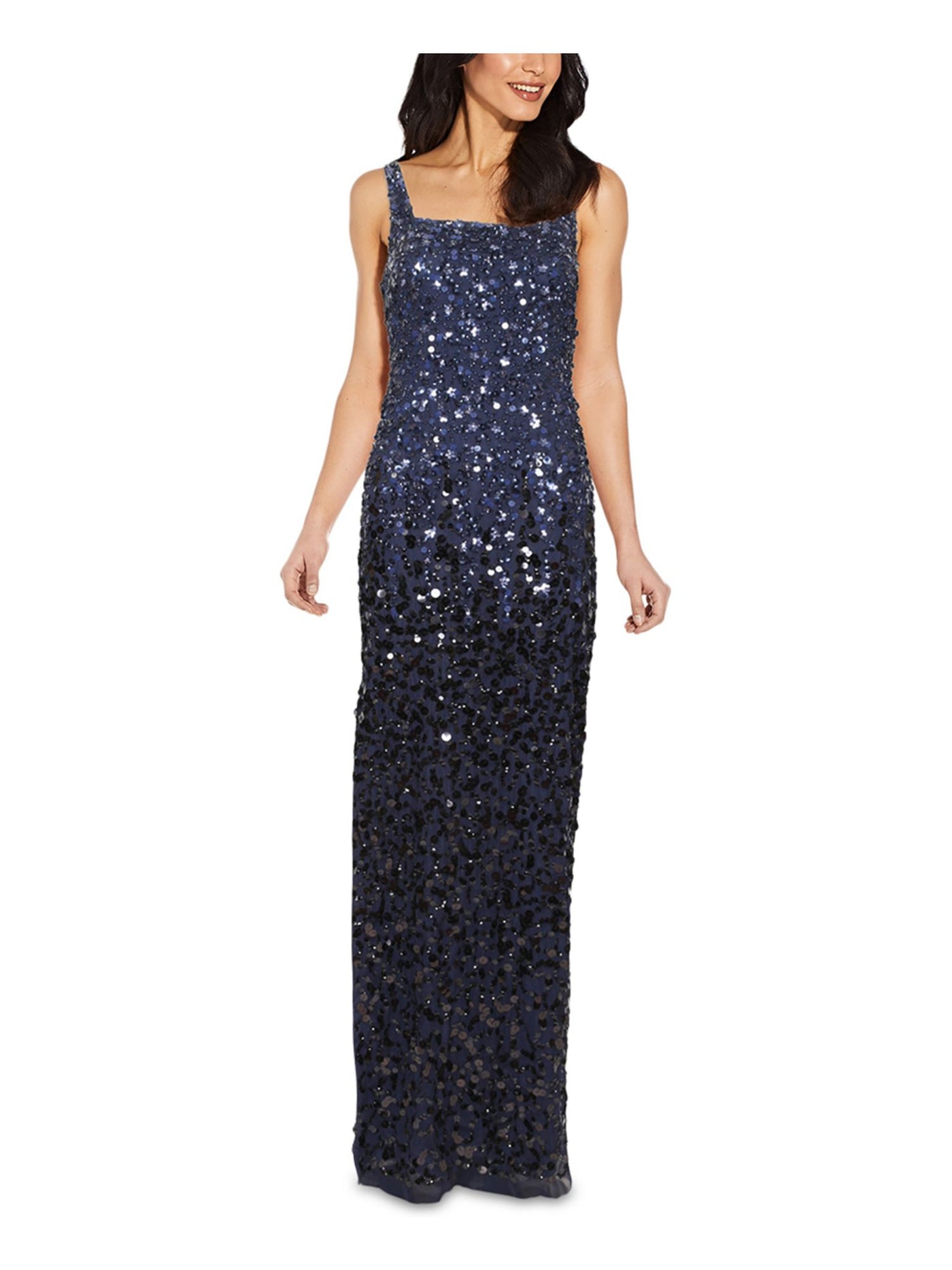 ADRIANNA PAPELL Womens Navy Stretch Sequined Zippered Slitted Lined Sleeveless Square Neck Full-Length Formal Gown Dress 2