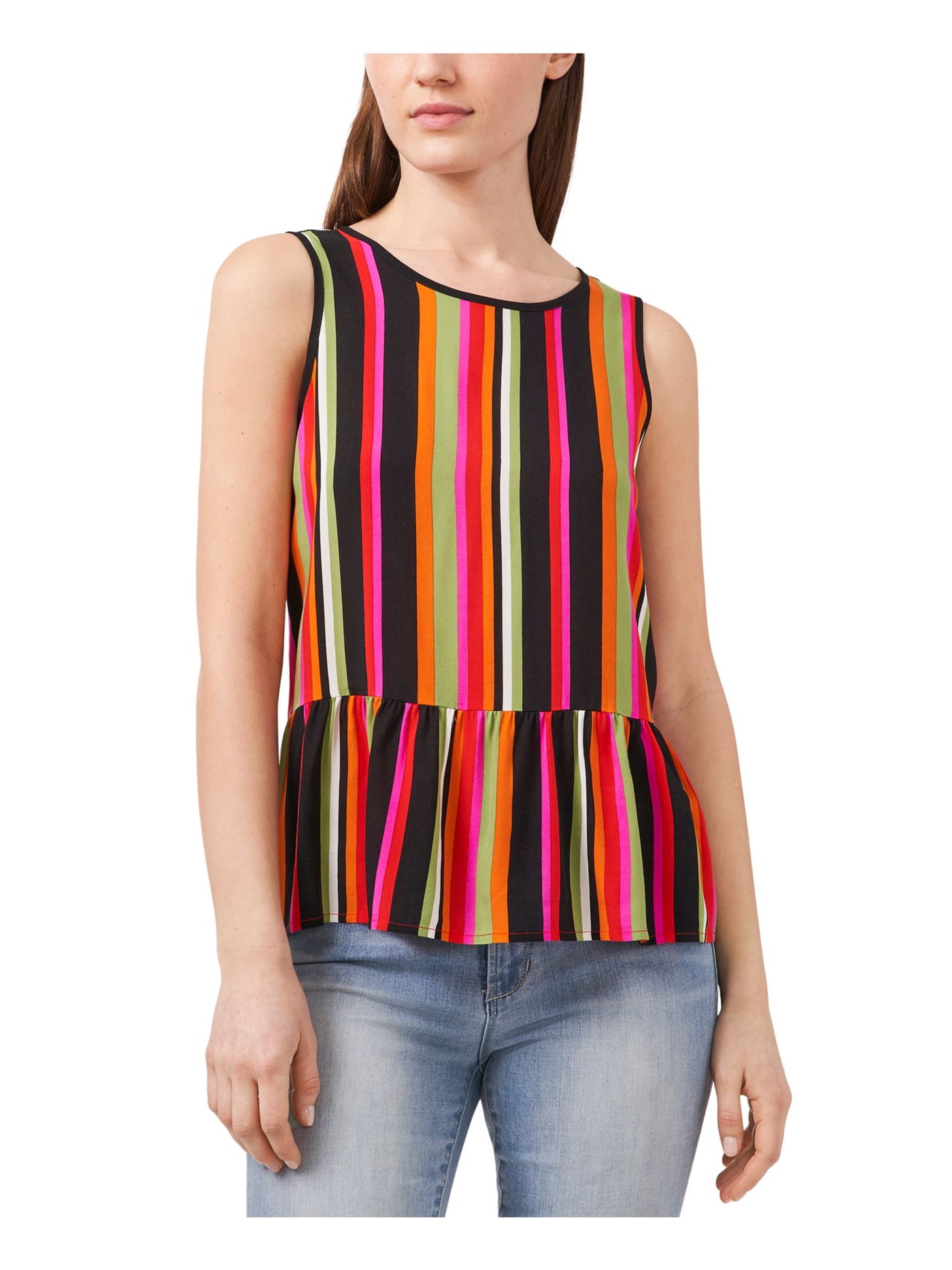 RILEY&RAE Womens Black Striped Sleeveless Round Neck Top S