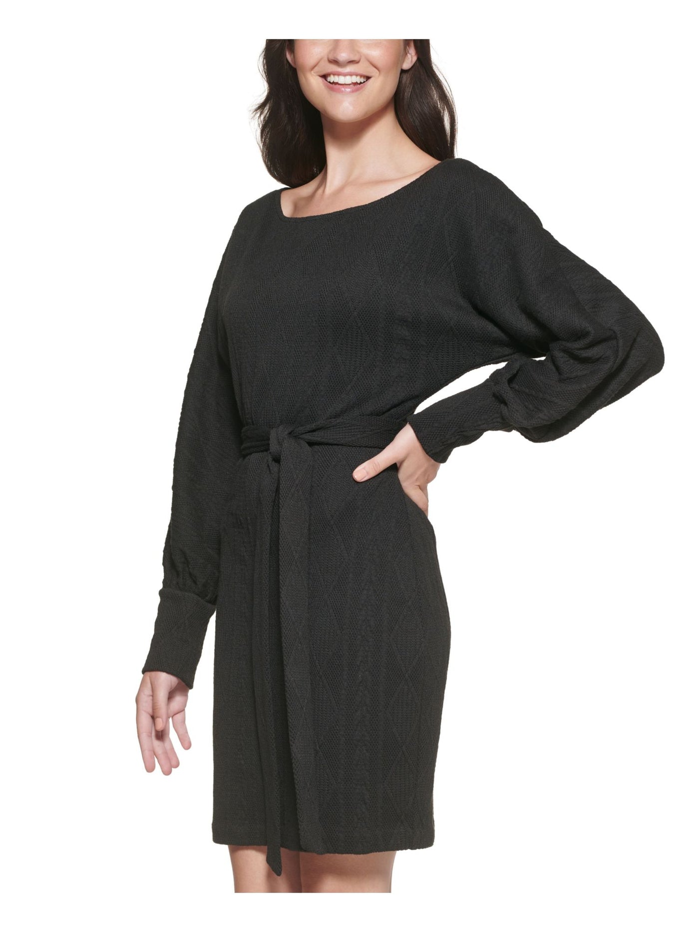 GUESS Womens Black Stretch Belted Textured Knit  Lined Blouson Sleeve Scoop Neck Above The Knee Evening Sweater Dress XL