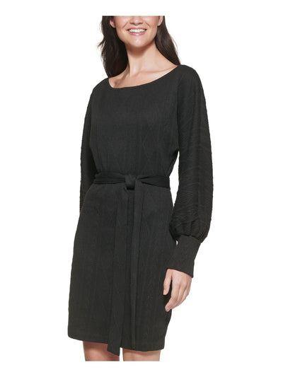 GUESS Womens Black Stretch Belted Textured Knit  Lined Blouson Sleeve Scoop Neck Above The Knee Evening Sweater Dress L