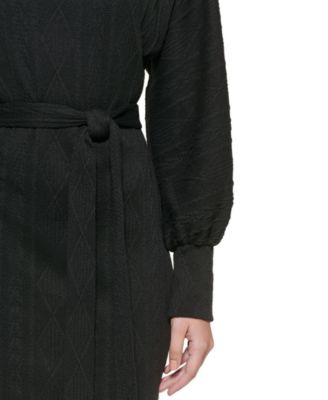 GUESS Womens Stretch Belted Blouson Sleeve Scoop Neck Above The Knee Evening Sweater Dress