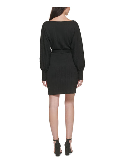 GUESS Womens Stretch Belted Textured Knit  Lined Blouson Sleeve Scoop Neck Above The Knee Evening Sweater Dress