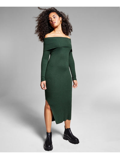 INC Womens Green Stretch Ribbed Slitted Lined Long Sleeve Off Shoulder Midi Body Con Dress XL