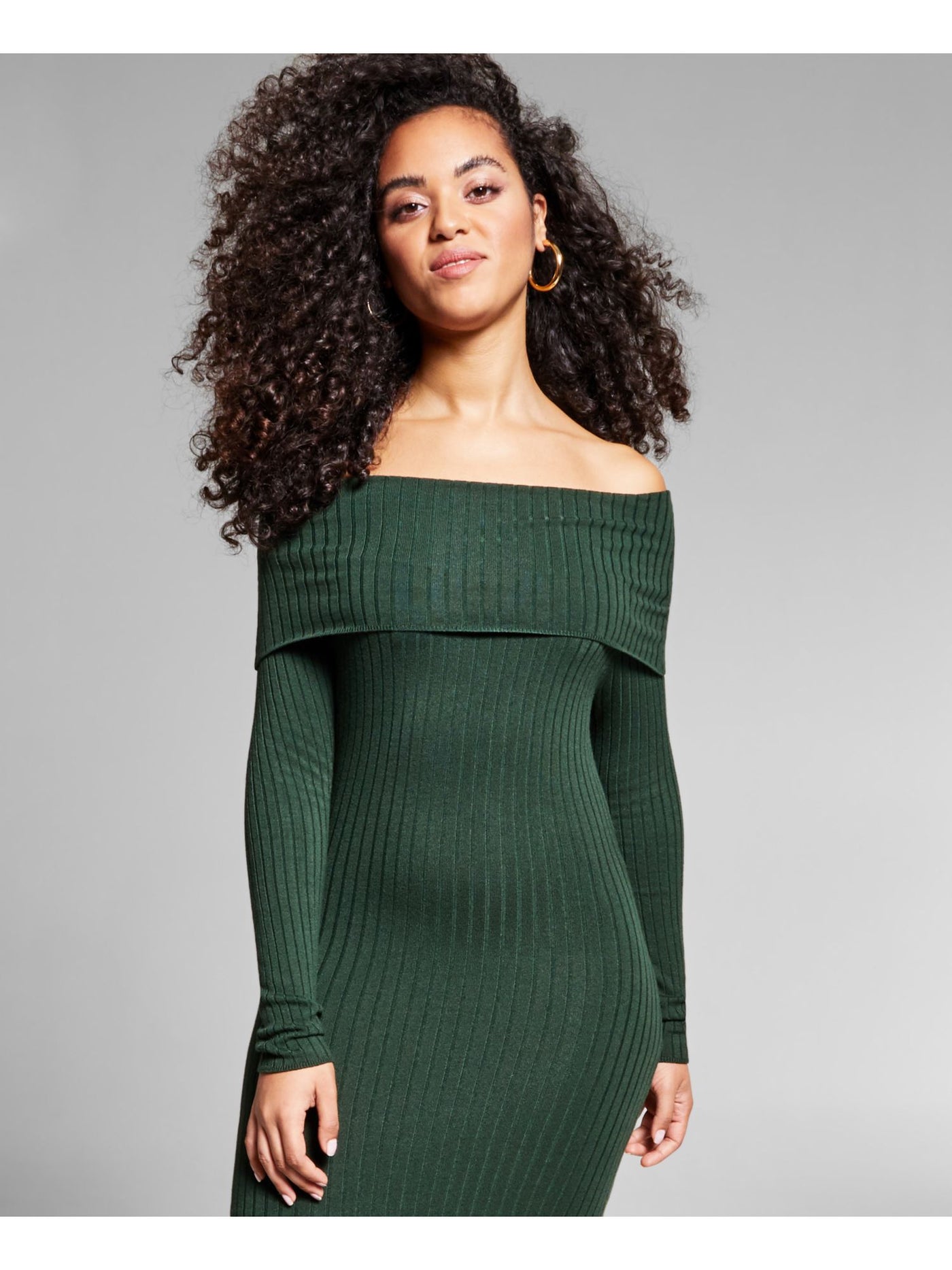 INC Womens Green Stretch Ribbed Slitted Lined Long Sleeve Off Shoulder Midi Body Con Dress S