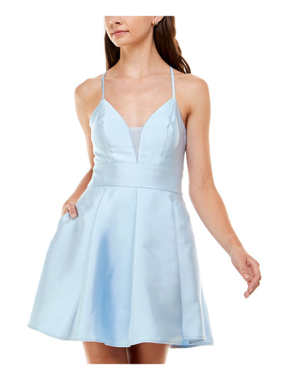 SPEECHLESS Womens Light Blue Pocketed Zippered Cut Out Lace Back Pleated Spaghetti Strap V Neck Short Party Fit + Flare Dress 11