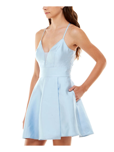 SPEECHLESS Womens Light Blue Pocketed Zippered Cut Out Lace Back Pleated Spaghetti Strap V Neck Short Party Fit + Flare Dress Juniors 17