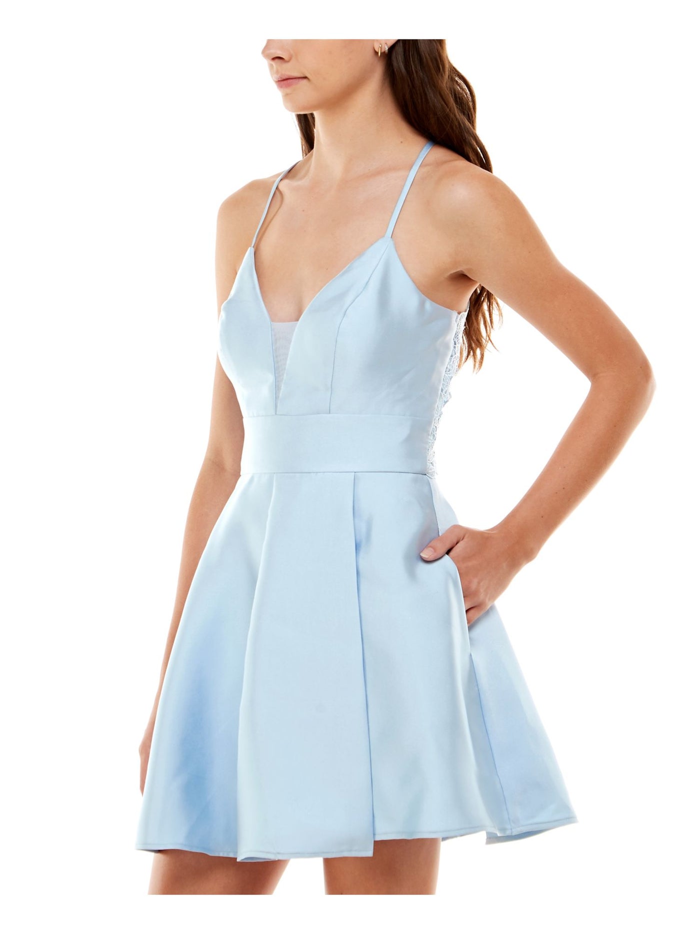 SPEECHLESS Womens Light Blue Pocketed Zippered Cut Out Lace Back Pleated Spaghetti Strap V Neck Short Party Fit + Flare Dress Juniors 11