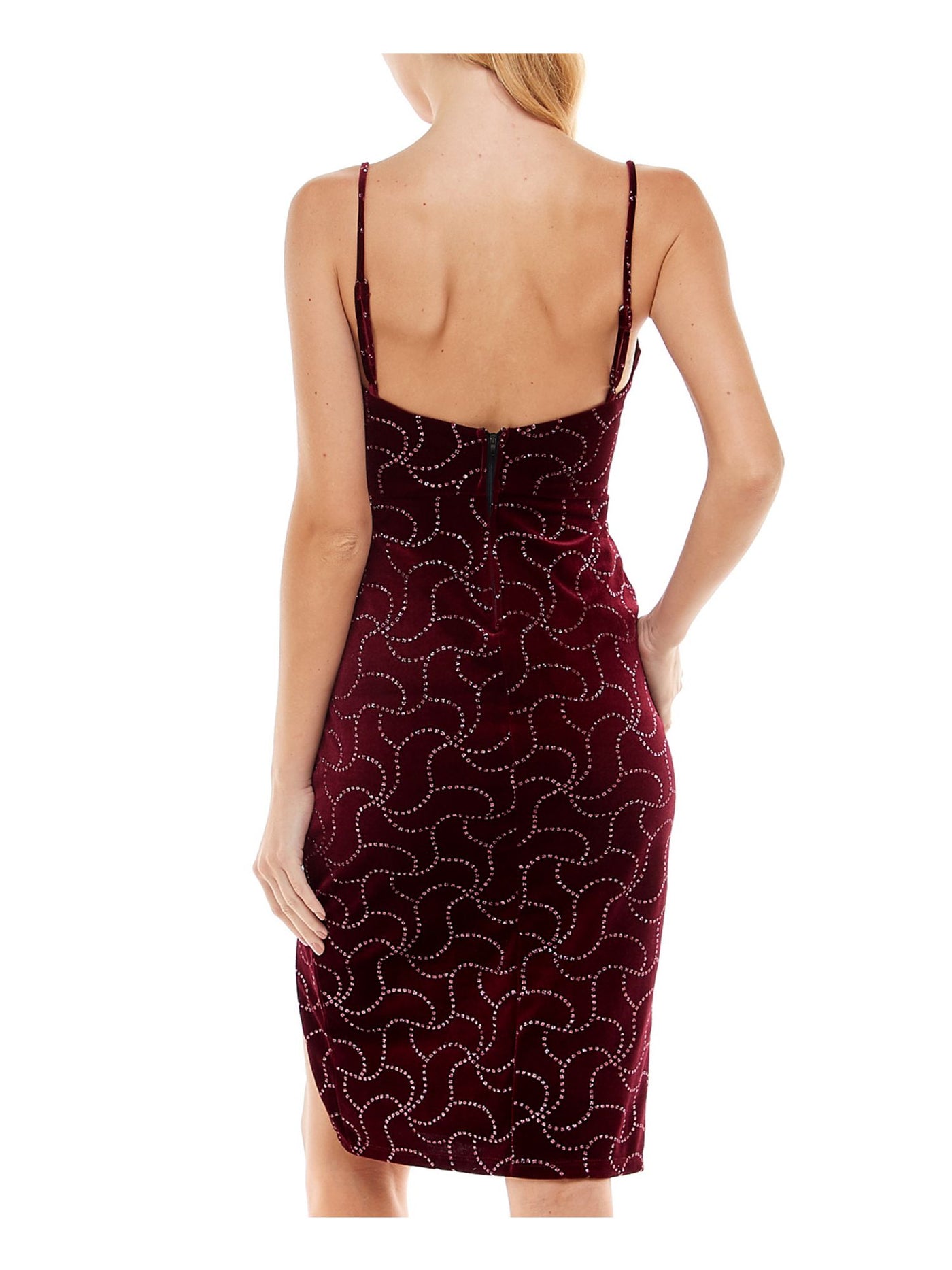 CITY STUDIO Womens Burgundy Zippered Slitted Lined Molded Bodice Spaghetti Strap Sweetheart Neckline Above The Knee Party Sheath Dress XS