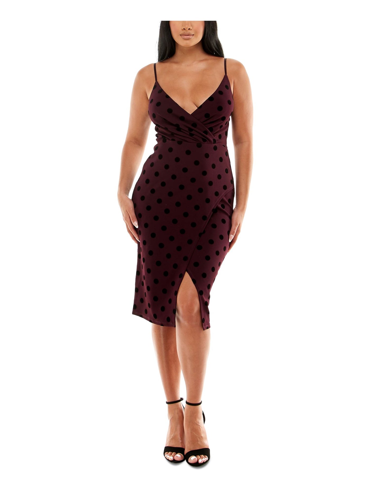 SPEECHLESS Womens Purple Slitted Adjustable Straps Velvet Detail Polka Dot Spaghetti Strap Surplice Neckline Knee Length Evening Faux Wrap Dress 13