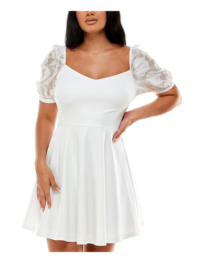SPEECHLESS Womens White Zippered Lace Scuba Crepe Pouf Sleeve Sweetheart Neckline Mini Evening Fit + Flare Dress Juniors 11