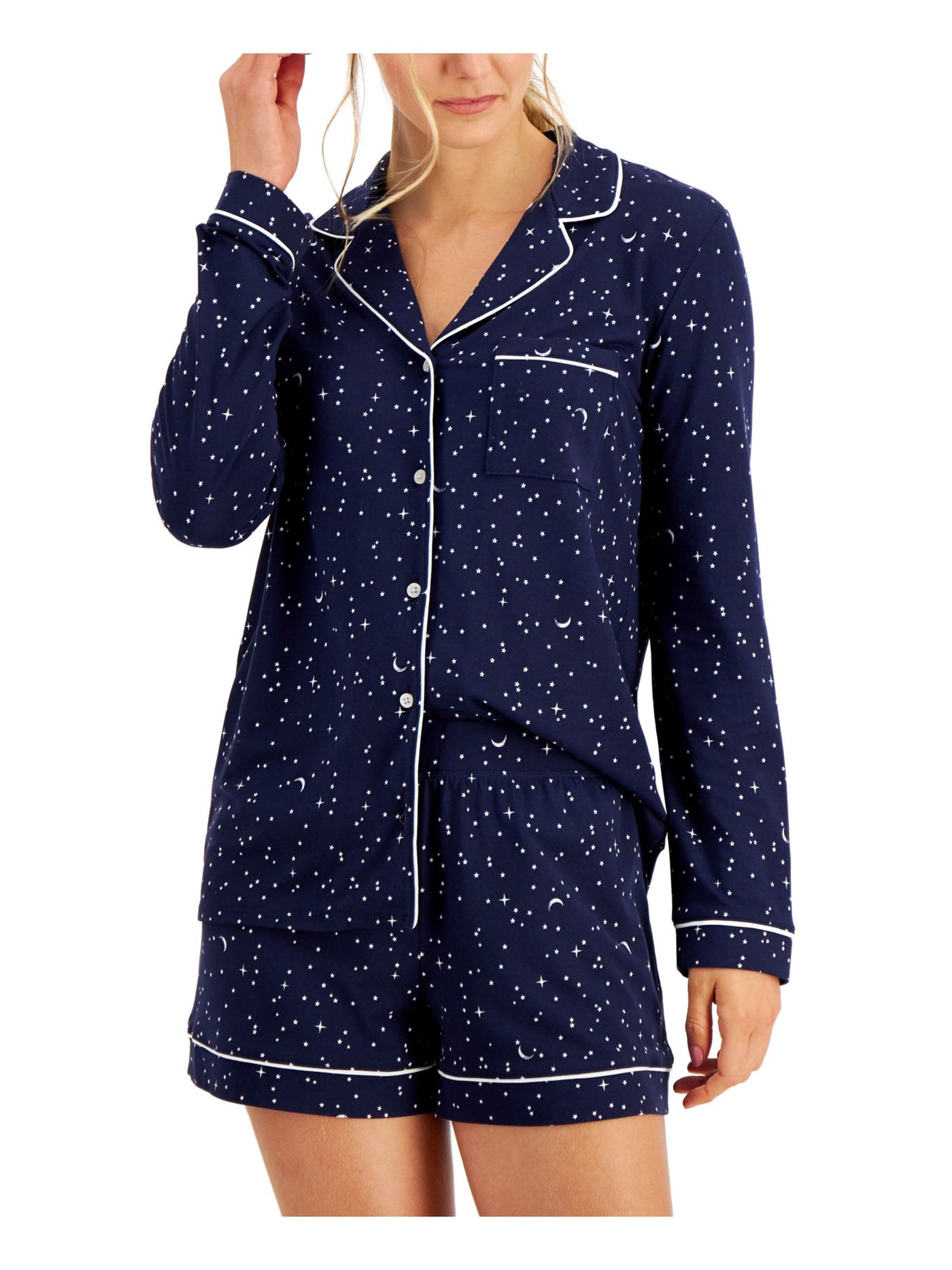 ALFANI Womens Navy Printed Elastic Band Long Sleeve Button Up Top and Shorts Pajamas XS