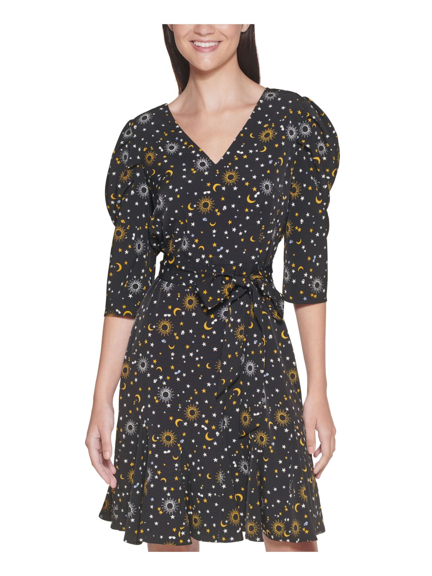 KARL LAGERFELD Womens Black Tie Ruched Printed 3/4 Sleeve V Neck Above The Knee Party Fit + Flare Dress 4