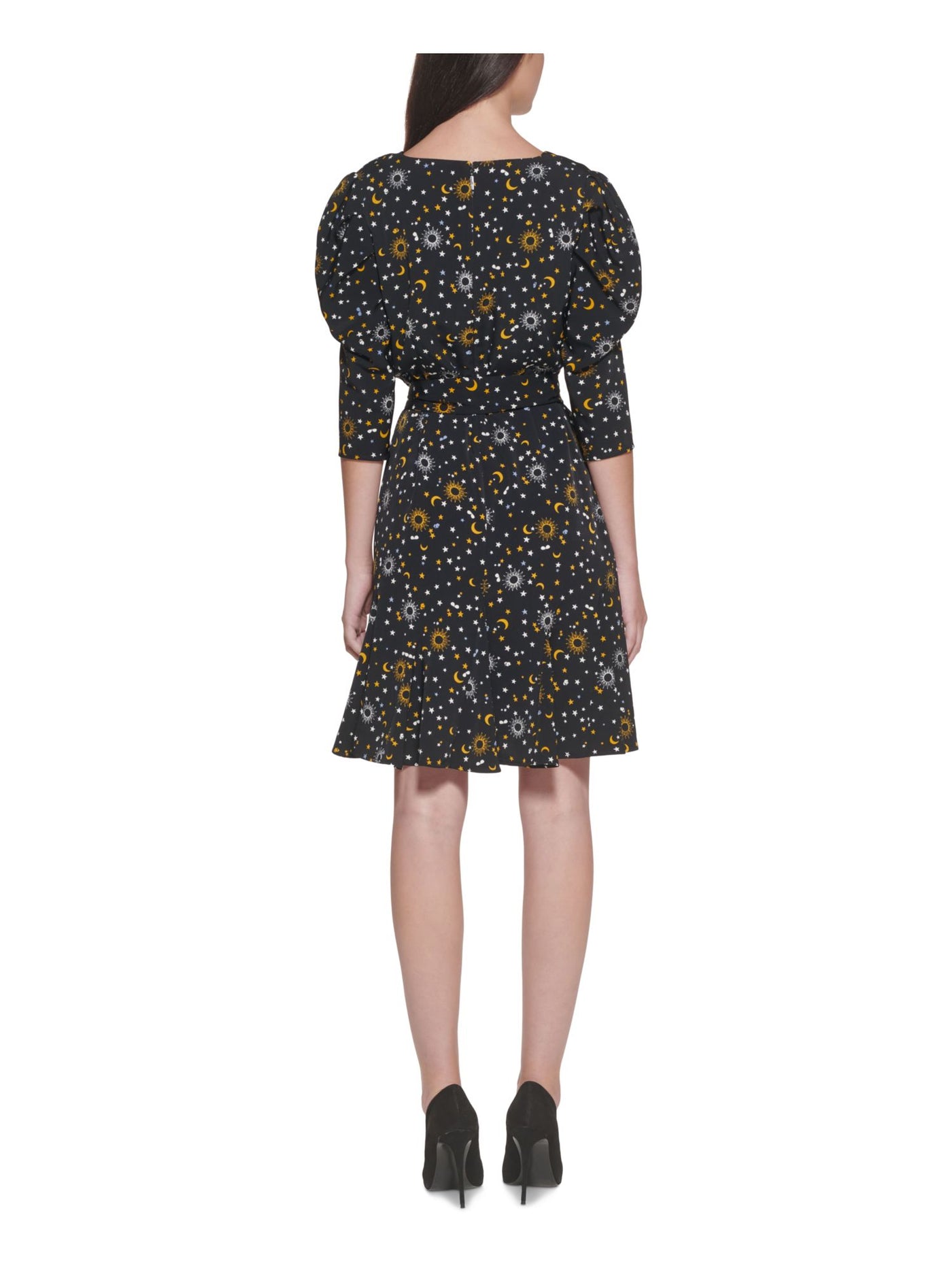 KARL LAGERFELD Womens Black Tie Ruched Printed 3/4 Sleeve V Neck Above The Knee Party Fit + Flare Dress 4