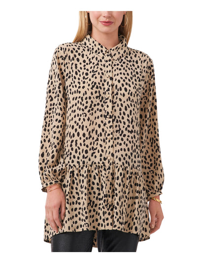 VINCE CAMUTO Womens Beige Animal Print Long Sleeve Point Collar Wear To Work Button Up Top M
