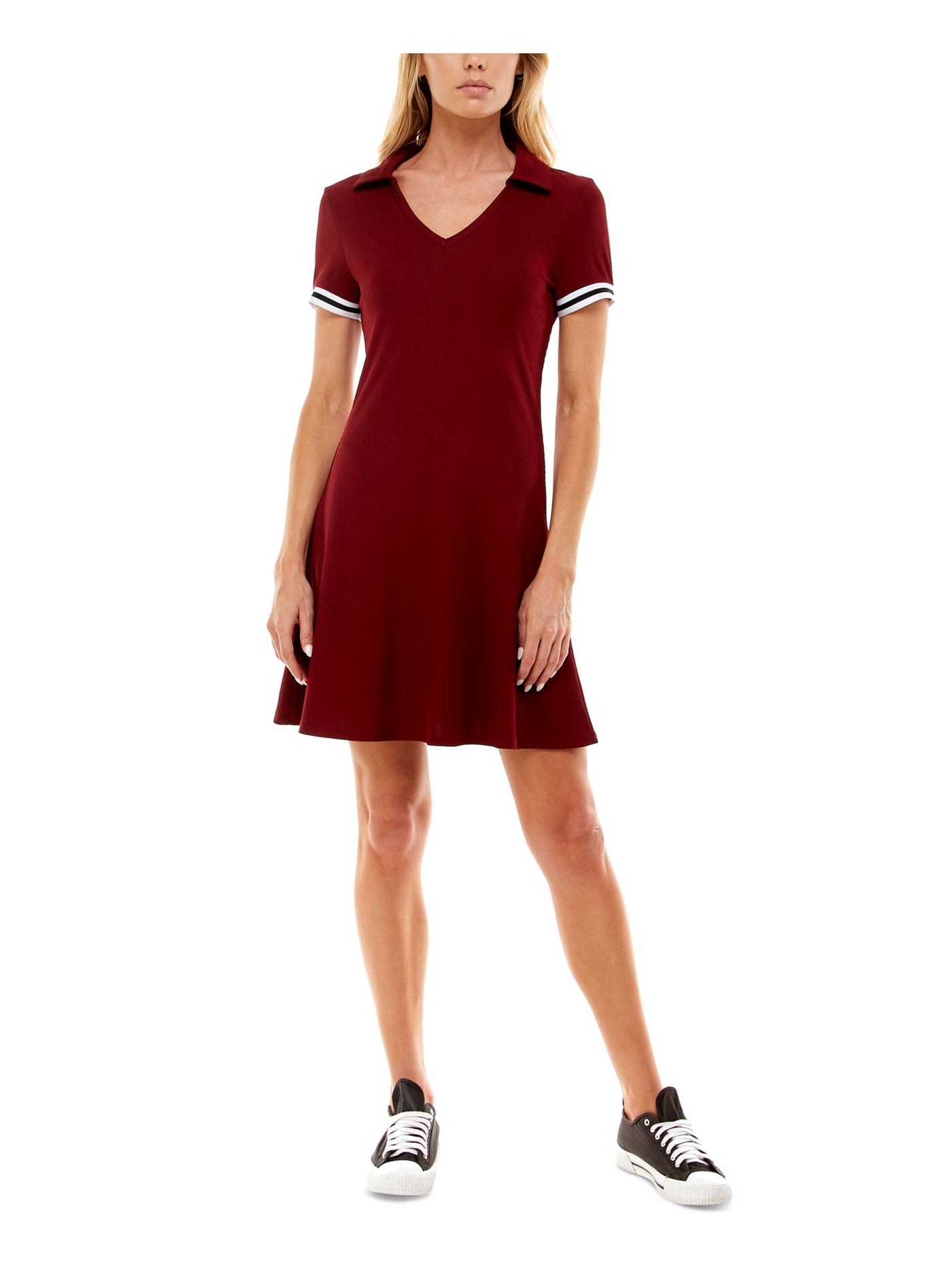ALMOST FAMOUS Womens Burgundy Stretch Fitted Unlined Pullover Collared Above The Knee Fit + Flare Dress Juniors L