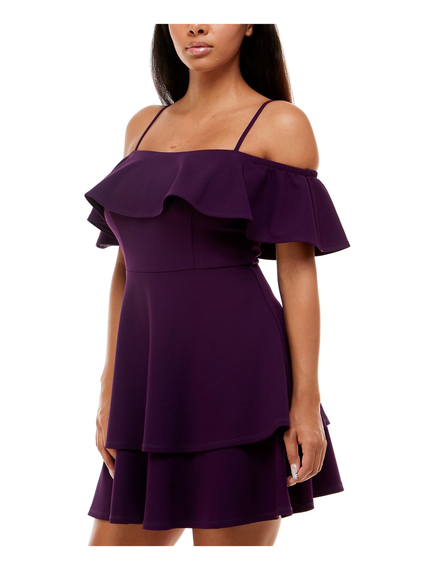 B DARLIN Womens Purple Stretch Ruffled Zippered Adjustable Straps Layered Hem Flutter Sleeve Off Shoulder Short Party Fit + Flare Dress 13\14