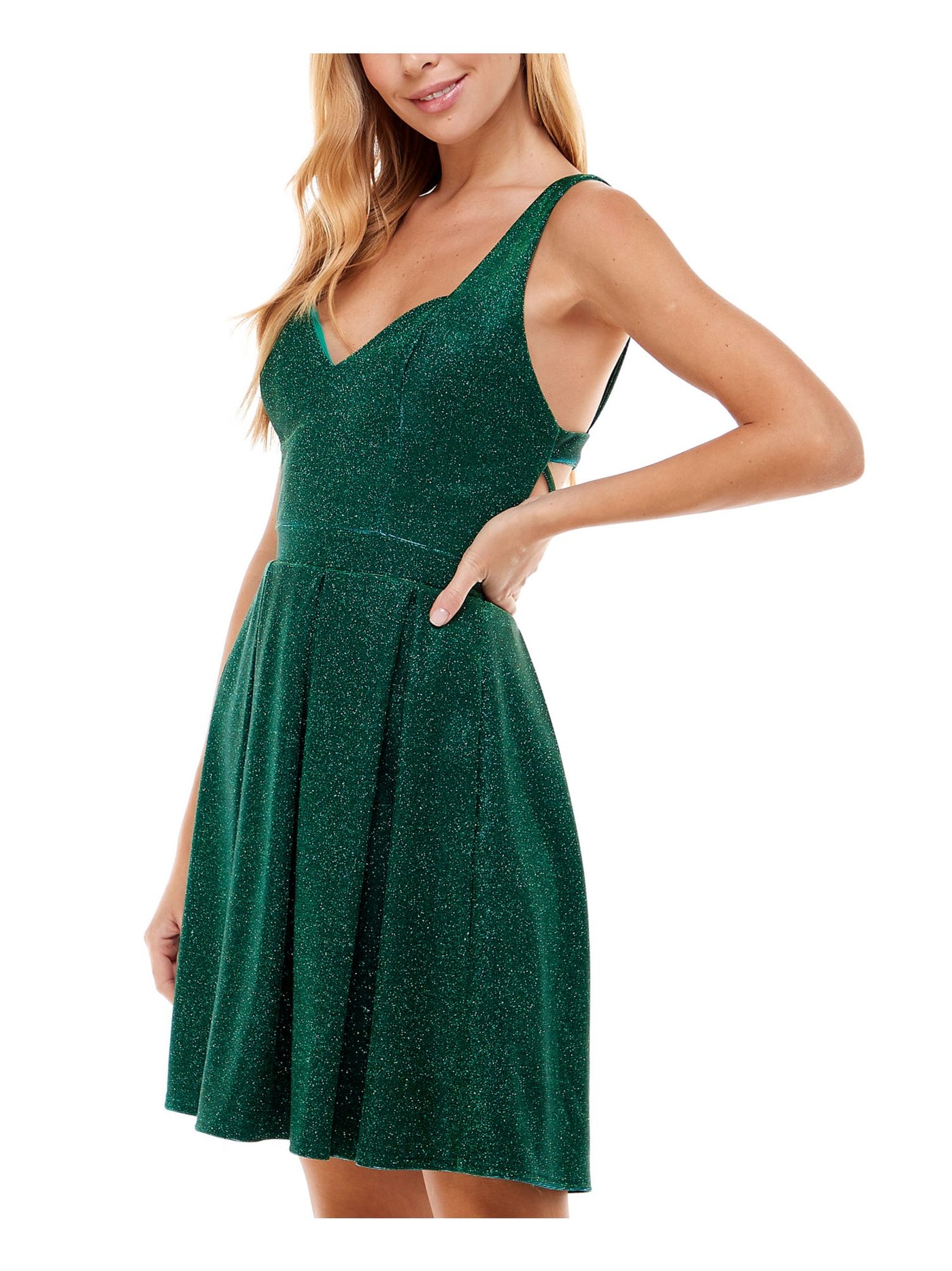 CRYSTAL DOLLS Womens Green Zippered Pleated Cage-back Cupped Lined Sleeveless Queen Anne Neckline Short Party Fit + Flare Dress 13