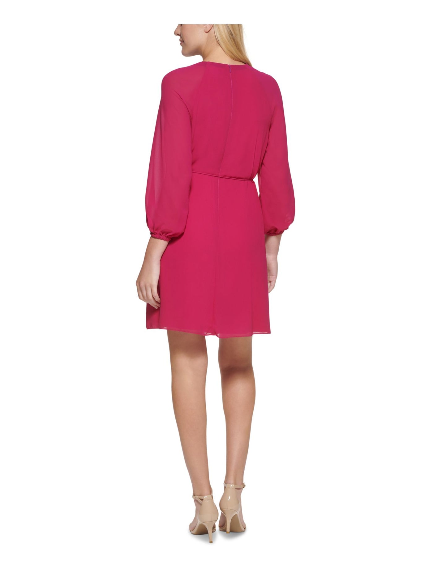 VINCE CAMUTO Womens Pink Tie Zippered Gathered Lined Blouson Sleeve Jewel Neck Above The Knee Wear To Work Sheath Dress Petites 6P