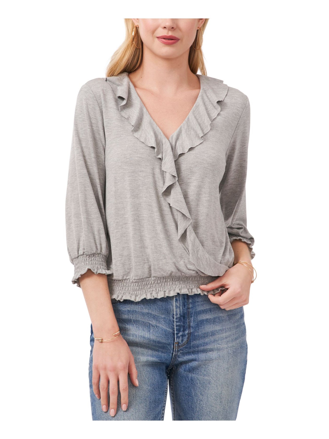 VINCE CAMUTO Womens Gray Ruffled Smocked Heather 3/4 Sleeve V Neck Top S