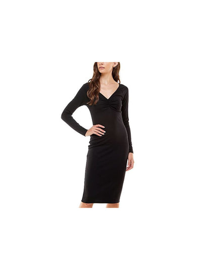 PLANET GOLD Womens Black Stretch Ruched Long Sleeve V Neck Knee Length Cocktail Sheath Dress XL