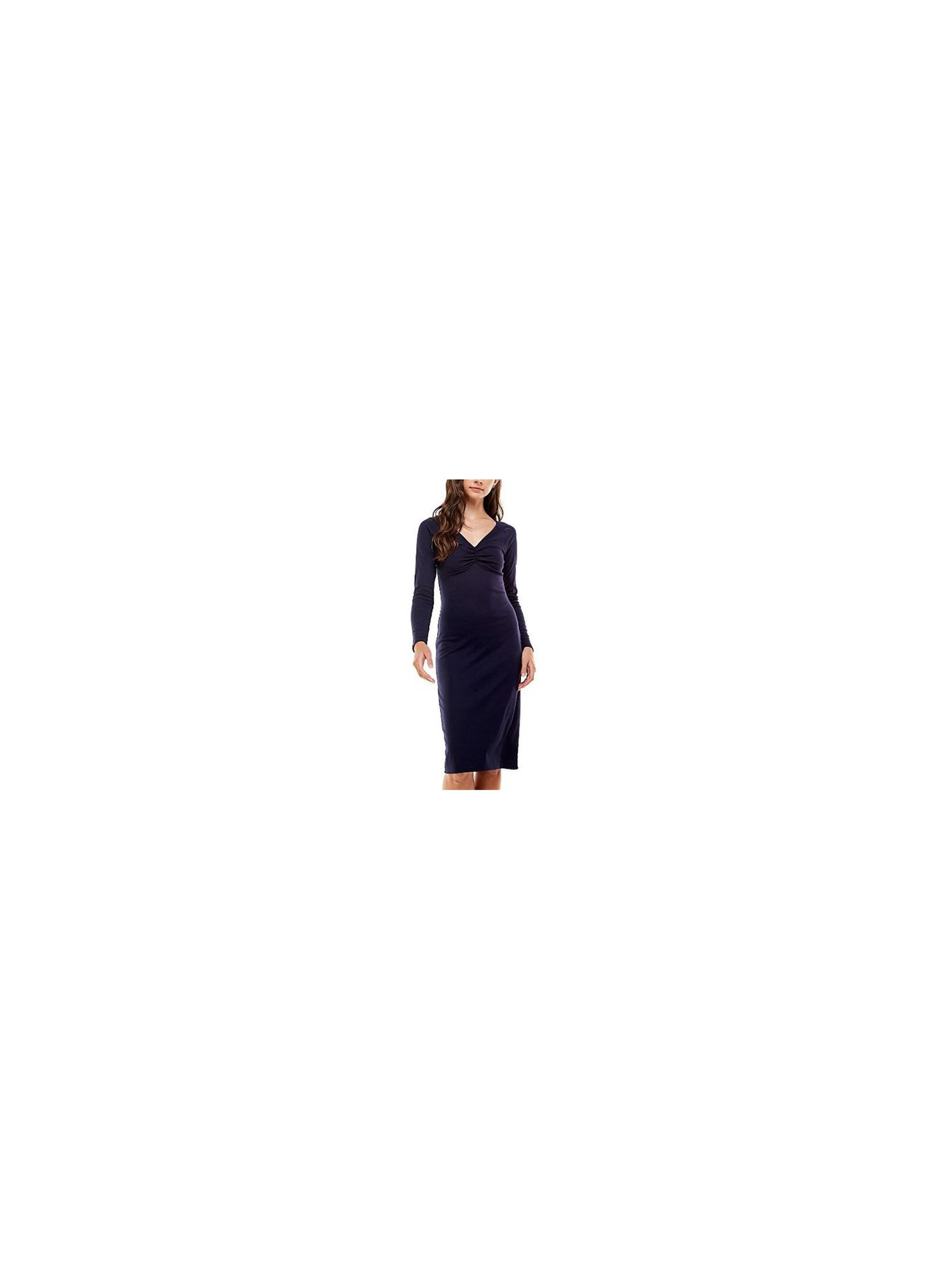 PLANET GOLD Womens Navy Stretch Ruched Long Sleeve V Neck Knee Length Cocktail Sheath Dress XL