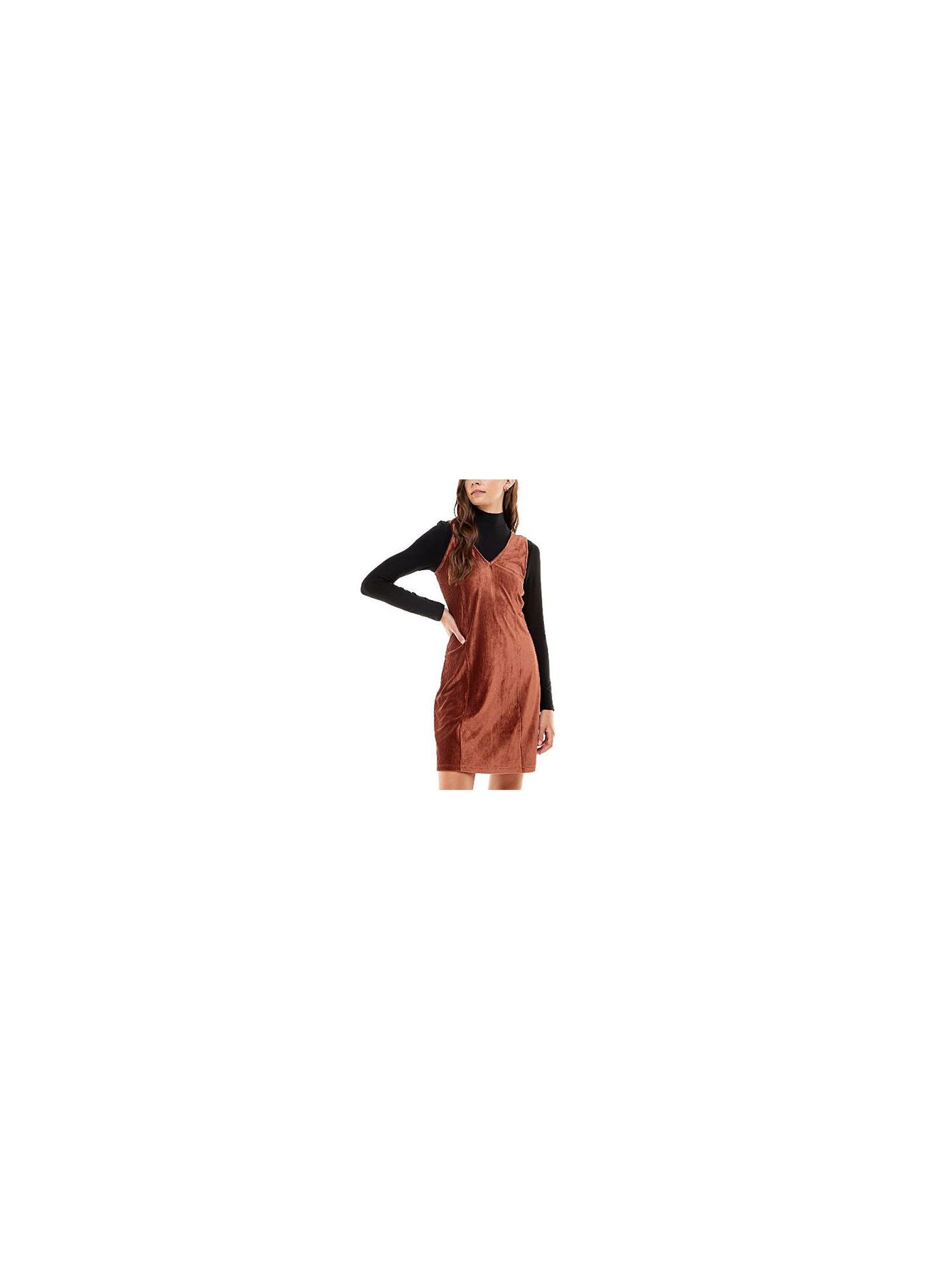 Planet Gold Womens Brown Stretch Zippered Sleeveless V Neck Above The Knee Shift Dress XS Planet Gold Womens Brown Stretch Zippered Sleeveless V Neck Above The Knee Shift Dress XS