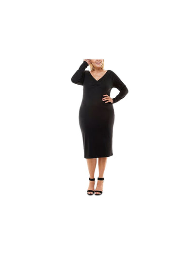 PLANET GOLD Womens Black Stretch Ruched Twisted Back Cutout Long Sleeve V Neck Below The Knee Cocktail Sheath Dress Plus 3X